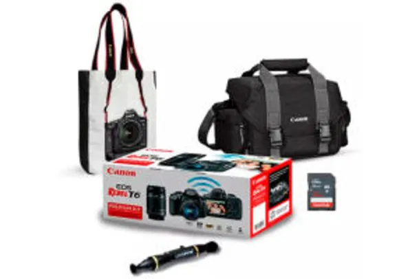 Combo Canon EOS Rebel T6 Premium Kit + Bolsa + Sacola + Caneta Limpadora de Lentes + Cartão de Memória 32GB - R$1995