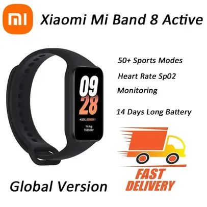 [R$125 Moedas/Gpay R$112/ Taxa Inclusa] Xiaomi-Mi Band 8 Smart Active, Versão Global, Impermeável, Sangue, Oxigênio, Monitor de Freqüência Cardíaca