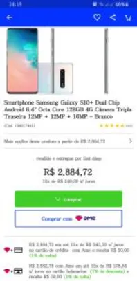 Smartphone Samsung Galaxy S10+ Dual Chip Android 6.4" Octa Core 128GB [cartão submarino + AME] R$2.633