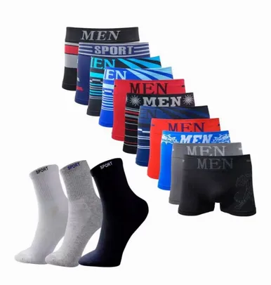 Kit 10 Cuecas Boxer Adulto + 12 Pares Meias Sport Longa