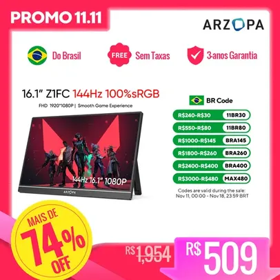 [BR / Gpay / Moedas R$ 458] Monitor Portátil ARZOPA 16.1 polegada 144HzLaptop Tipo C Mini HDMI Para PS4/5 Steam Deck Switch XBOX Z1FC 