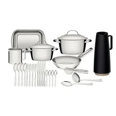 Kit Tramontina Allegra para Cozinha 25 peças com Panelas, Talheres e Utensílios Domésticos em Aço Inox e Bule Térmico em Plástico