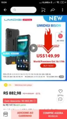Smartphone Umidigi Bison 6GB RAM 128GB ROM | R$840