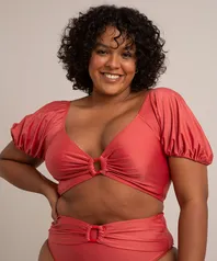 biquíni top plus size manga bufante com bojo removível e argola proteção uv50+ coral