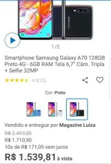 [APP] Galaxy A70 128GB Preto 4G - 6GB RAM Tela 6,7” Câm. Tripla + Selfie 32MP