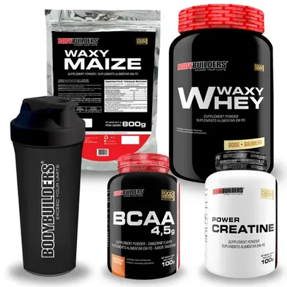 Kit Whey Protein Waxy Whey 900g + Waxy Maize 800g + Power Creatina 100g + BCAA 100g + Coqueteleira - BodyBuilders Suplemento em Pó