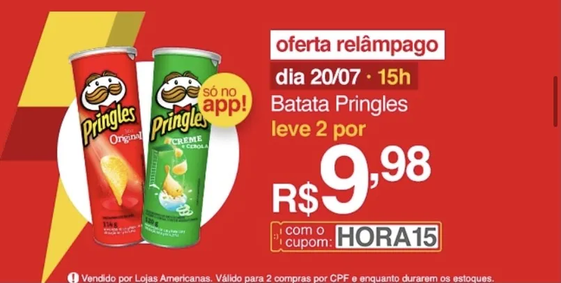 [APP] 2 Batata Pringles (114g/120g) por R$9,98