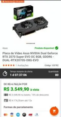 Placa de Vídeo Asus Dual Geforce RTX 2070 Super EVO OC 8GB, GDDR6 - DUAL-RTX2070S-O8G-R$3.549,90