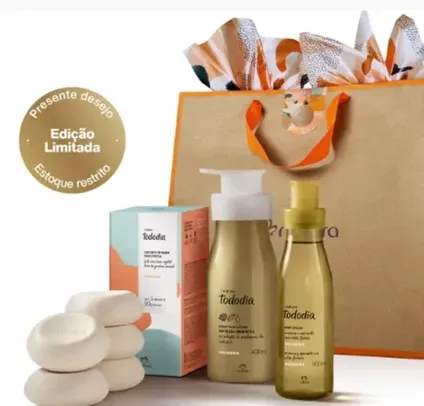 [1ª Compra] Presente Natura Tododia Macadâmia - 1 Body splash, 1 Creme desodorante nutritivo, 5 Sabonetes & 1 Sacola de Presente