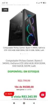 PC PICHAU GAMER, RYZEN 5 3400G, GTX 1650 R$3344