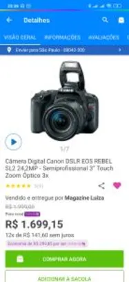 Câmera Digital Canon DSLR EOS REBEL SL2 24,2MP - Semiprofissional -  R$1.799