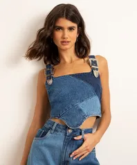 Regata Cropped Corset Jeans Patchwork Alça Larga com Fivela Decote Reto BFF Azul Escuro