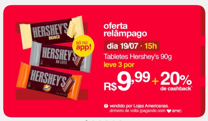 (APP/AME R$8) Chocolate hersheys 3 unidades 