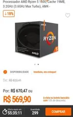 Processador AMD Ryzen 5 1600, Cache 19MB, 3.2GHz (3.6GHz Max Turbo) R$ 569