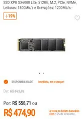 SSD NVMe XPG SX6000 Lite, 512Gb Leituras: 1800Mb/s e Gravações: 1200Mb/s | R$474