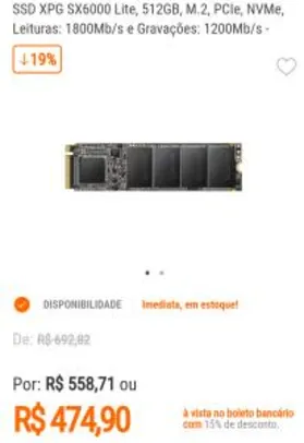 SSD NVMe XPG SX6000 Lite, 512Gb Leituras: 1800Mb/s e Gravações: 1200Mb/s | R$474