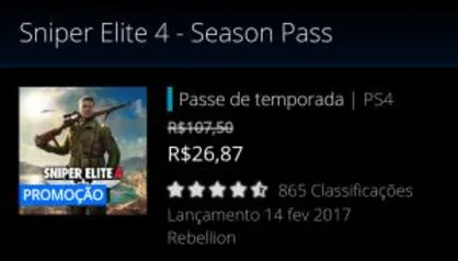 [PSN STORE] Season Pass - Sniper Elite 4 - 75% OFF