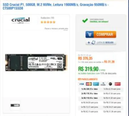 SSD Crucial P1, 500GB, M.2 NVMe, Leitura 1900MB/s, Gravação 950MB/s R$370