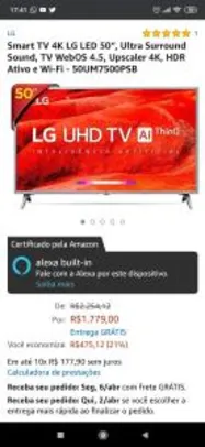 Smart TV 4K LG LED 50” 50UM7500 + Smart Magic | R$1.779