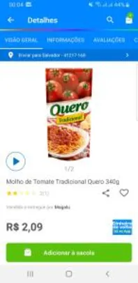 [Cashback no APP - R$1] Molho de tomate tradicional Quero