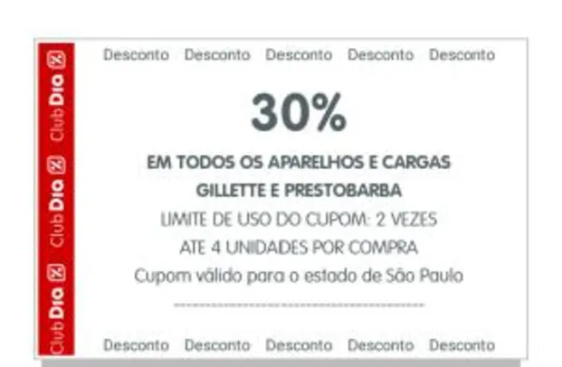 Gillette e Prestobarba com 30% em todos aparelhos e cargas pelo APP Club Dia