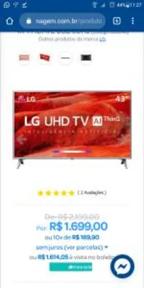 TV LED 43" LG Smart TV UM7500 4K 4 HDMI 2 USB 60Hz - R$1614