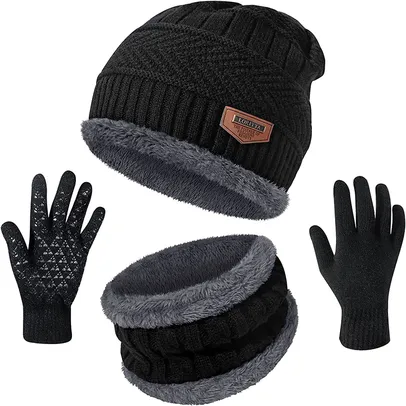 [Já com Imposto] Gorro de malha grossa cachecol de lã, Luvas conjunto de inverno