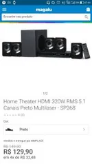 Home Theater HDMI 320W RMS 5.1 Canais Preto Multilaser - SP268 - R$ 130