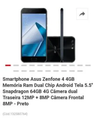 Asus Zenfone 4 4GB Memória Ram Dual Chip Android Tela 5.5" Snapdragon 64GB 4G Câmera Traseira 12MP + 8MP Câmera Frontal 8MP - Preto - R$1099