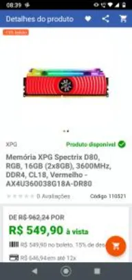 Memória XPG Spectrix D80, RGB, 16GB (2x8GB), 3600MHz, DDR4, CL18, Vermelho - AX4U360038G18A-DR80