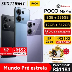 [ESTOQUE BR] Smartphone POCO M6 Pro Versão Global Câmera Tripla, Helio G99, Fluxo Ultra 120Hz, AMOLED, 64MP, 67W