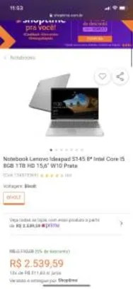 Notebook Lenovo Ideapad S145 8ª Intel Core I5 8GB 1TB | R$2.539