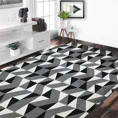 Tapete Roma Sala Quarto Antiderrapante Geométrico Jacquard Preto Casa Dona