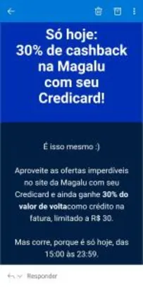 30% de cashback na Magazineluiza com Credicard