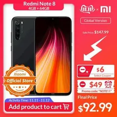 [Somente 11/11) Smartphone Xiaomi Redmi Note 8 snapdragon 665 4gb 64gb 48mp 4000mAh | R$406