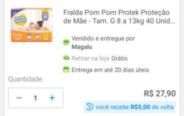 [R$ 5 de volta na Magalu] Fralda Pom Pom Protek Proteção de Mãe - Tam. G 8 a 13kg 40 Unidades