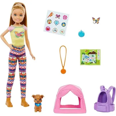 Barbie Leva dois Playset de Camping com Stacie Doll (~9 in), Puppy, Pet Tent, Pet Carrier, Sticker S