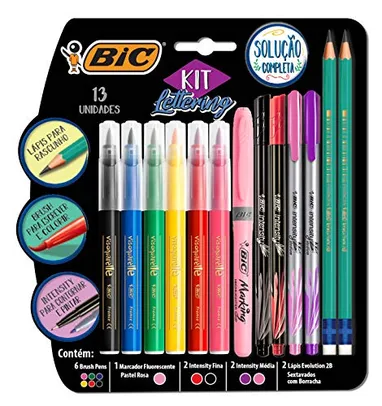 Kit Lettering BIC, c/ 6 Brush Pens + 1 Pincel Marcador Pastel Rosa + 2 Intensity Ponta Fina + 2 Inte