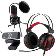 Kit Streamer Headset Gamer Redragon Minos USB 7.1 + Microfone Streamer Gamer Redragon GM100 + Webcam Redragon Streaming Hitman, Full HD