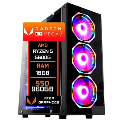 Pc Gamer Fácil Amd Ryzen 5 5600G, 16GB, SSD 960GB, Radeon Vega 7 Graphics, Windows 10, DDR4, 3000mhz, Fonte 500w