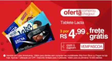 3 Tabletes Lacta | R$4,99 + Frete Grátis