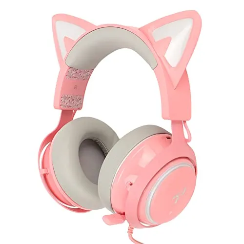 Fone de Ouvido Com Fone,Com Microfone ASHATA ouvido para jogos,  orelha gato 7.1USB luminoso com microfone retrátil rosa Fones leves sobre estéreo jogos