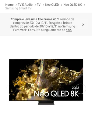 Compre uma tv 8k Samsung e resgate uma the frame 43