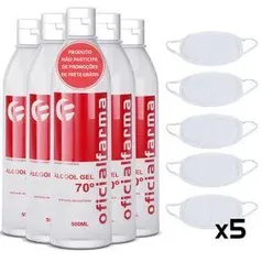 Kit 5 Álcool Gel 70º 500ML + 5 Máscara Tecido Dupla Camada Branca