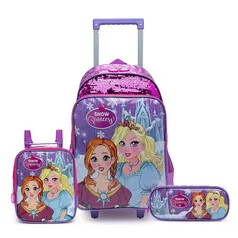 Kit Mochila Carrinho Infantil Estojo duplo Lancheira Térmica Escolar Menina Princesas Resistente