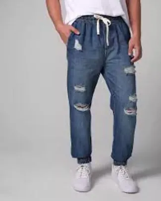 Calça jeans masculina jogger destroyed denim médio 