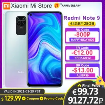 Smartphone REDMI NOTE 9 3GB +64GB | R$825