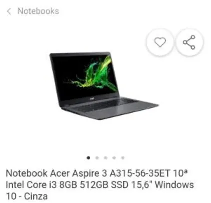 Notebook Acer Aspire 3 A315-56-35ET 10ª Intel Core i3 8GB 512GB SSD 15,6" Windows 10 | R$ 3.250