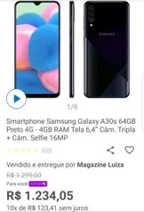 [APP+CLUBE DA LU] Samsung Galaxy A30s Preto Octa-Core Tela de 6,4” 64GB Câmera Tripla 25MP+5MP+8MP R$1.110