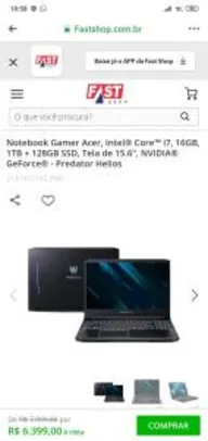 Notebook Gamer Acer, Intel® Core™ i7, 16GB, 1TB + 128GB SSD, Tela de 15.6", NVIDIA® GeForce® - Predator Helios R$6.399